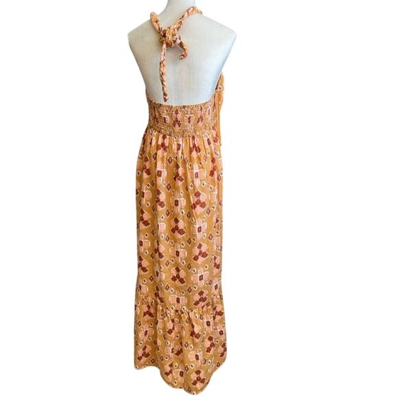 Aerie AEO Linen Blend Halter Midi Maxi Aztec Dress High Low Orange XL NWOT - Picture 2 of 4
